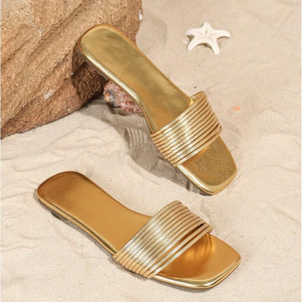 Women's Gold Slides Square Toe Flat Sandals